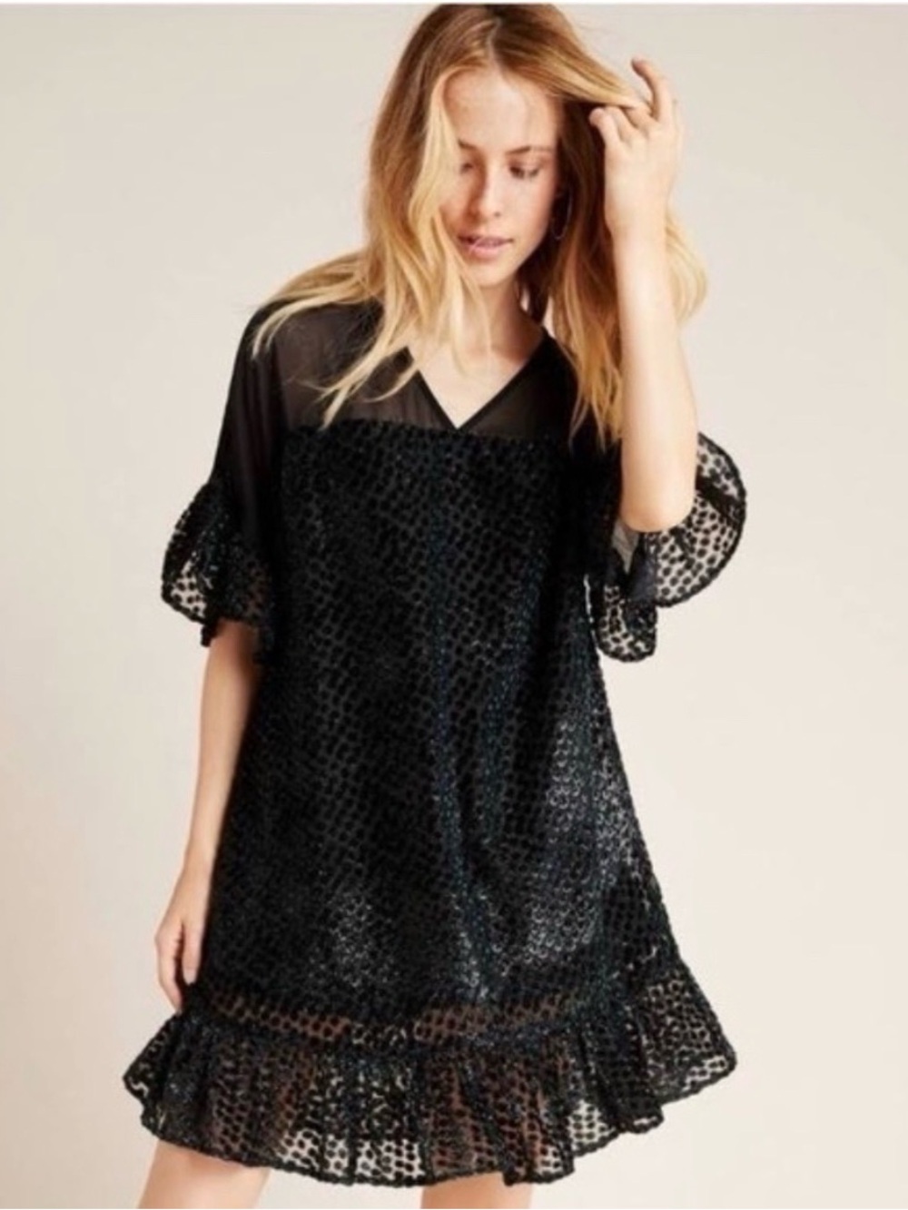 Anthropologie Amadi Lucinda Textured Tunic in Black and Metallic Emerald- Medium